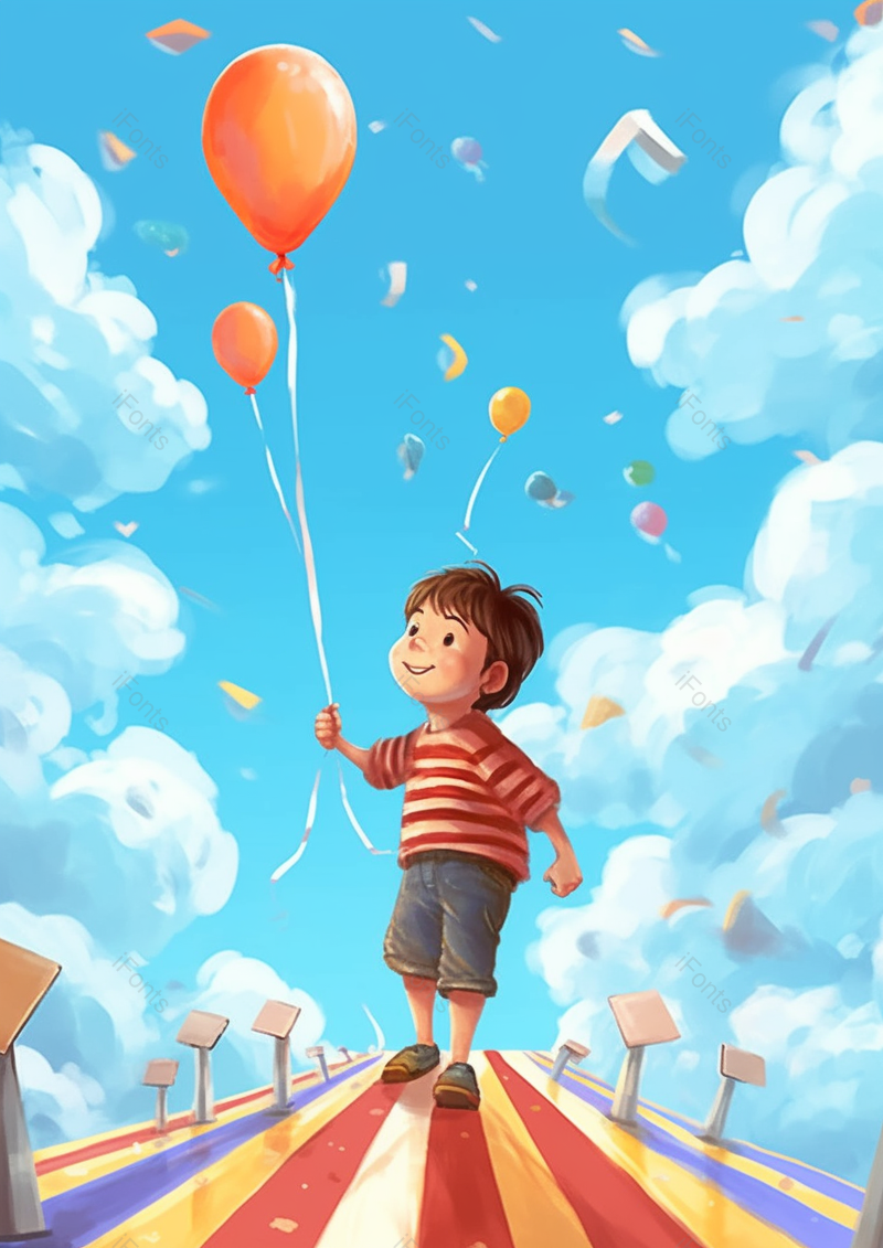 一男孩在彩虹桥上拿着两个气球欢乐慢慢行走蓝天白云可爱插画,插画/手绘图,插画/手绘图库,插画/手绘图下载,插画/手绘